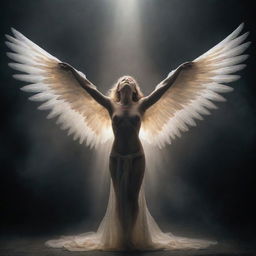 Suddenly, illuminate the scene with a beam of radiant light piercing the infernal chaos. From this glow, an angelic figure emerges, wings spread wide, radiating hope and grace amidst the gloom