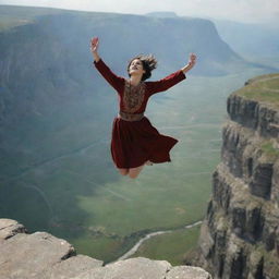 A daring scene featuring a 16-year-old Armenian girl with short hair and traditional clothing. She is spiritedly jumping off a cliff, her body suspended in mid-air against a striking, highland backdrop.