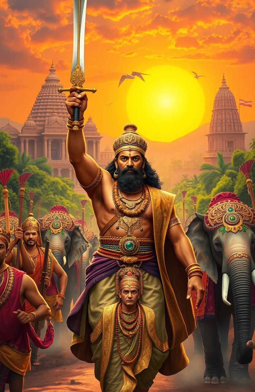 An epic scene of Lalitaditya, the victorious emperor, set in a vibrant, historical landscape representative of ancient India