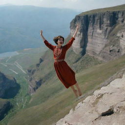 A daring scene featuring a 16-year-old Armenian girl with short hair and traditional clothing. She is spiritedly jumping off a cliff, her body suspended in mid-air against a striking, highland backdrop.