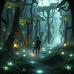 A stunning sci-fi scene depicting a character awakening in a dense, otherworldly forest