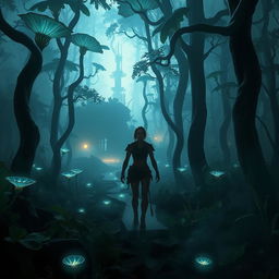 A stunning sci-fi scene depicting a character awakening in a dense, otherworldly forest