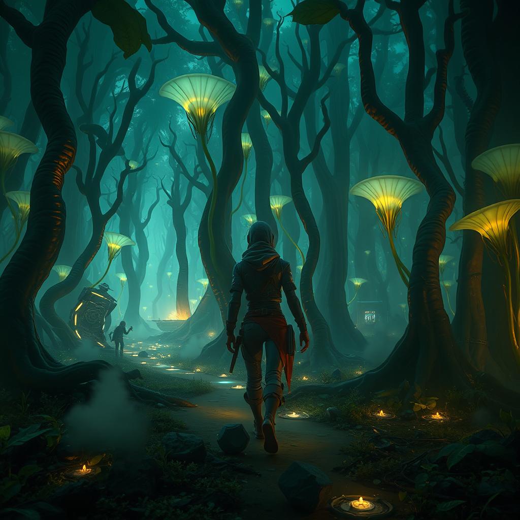 A stunning sci-fi scene depicting a character awakening in a dense, otherworldly forest