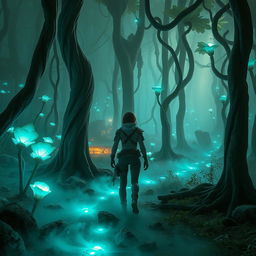 A stunning sci-fi scene depicting a character awakening in a dense, otherworldly forest