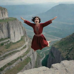 A daring scene featuring a 16-year-old Armenian girl with short hair and traditional clothing. She is spiritedly jumping off a cliff, her body suspended in mid-air against a striking, highland backdrop.