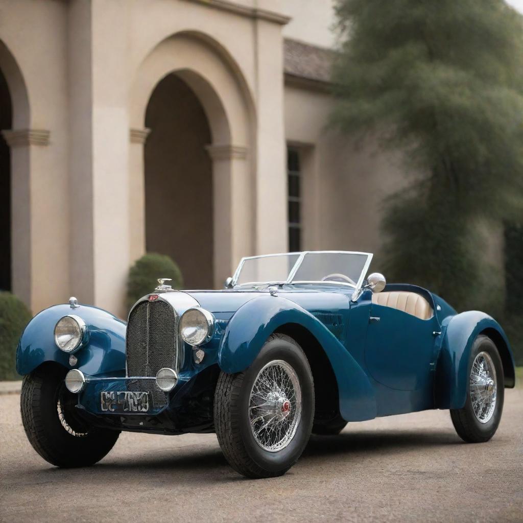 Generate an image of the iconic 1930s Bugatti Type 57SC Atlantic, a luxury sports car with an impressive supercharged engine, known for its speed and elegant design.