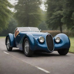 Generate an image of the iconic 1930s Bugatti Type 57SC Atlantic, a luxury sports car with an impressive supercharged engine, known for its speed and elegant design.