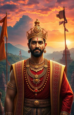 A majestic portrayal of Lalitaditya, the victorious emperor, standing proudly in royal attire adorned with intricate jewels and a golden crown