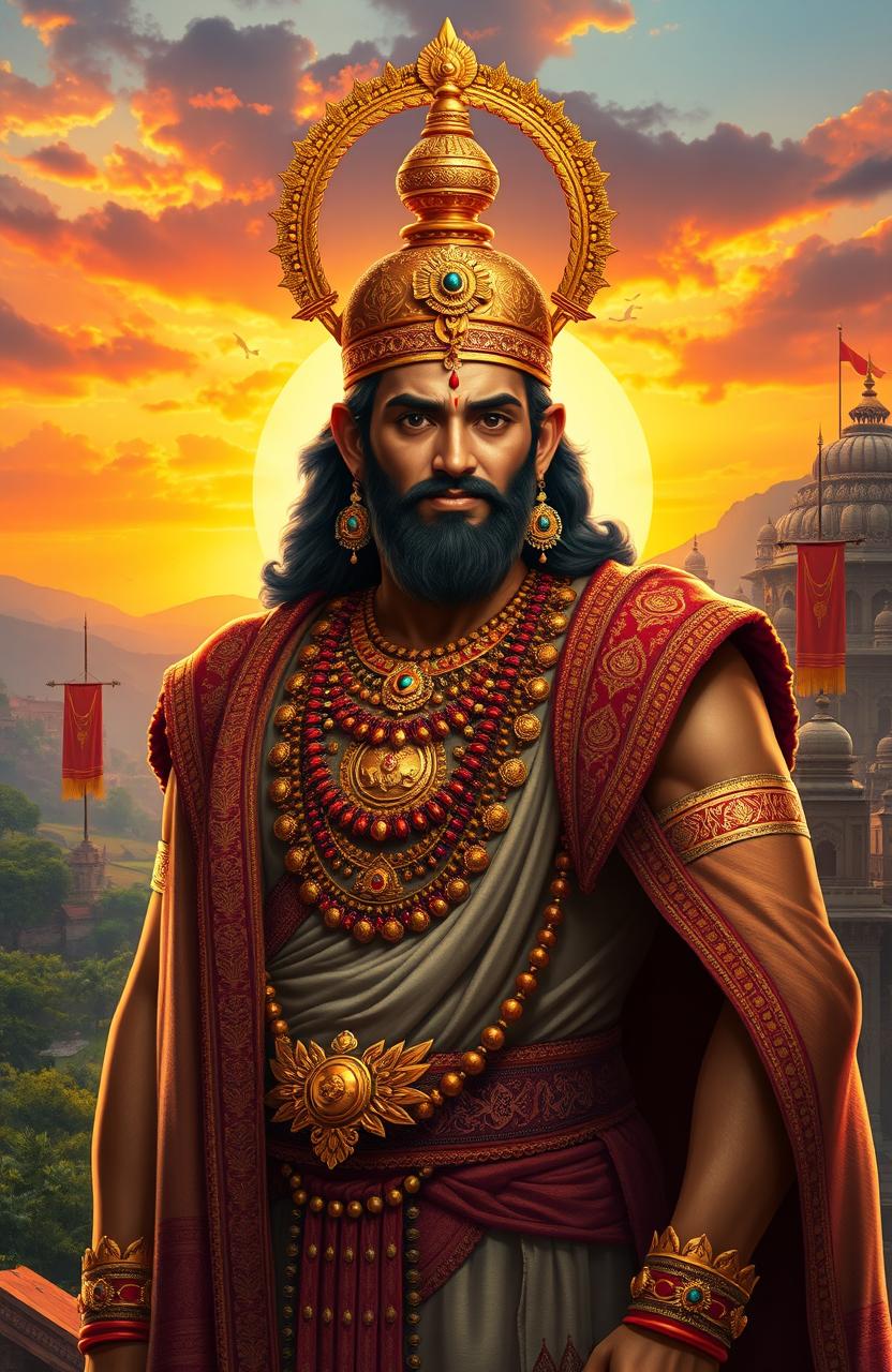 A majestic portrayal of Lalitaditya, the victorious emperor, standing proudly in royal attire adorned with intricate jewels and a golden crown