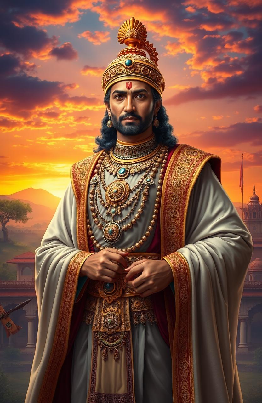 A majestic portrayal of Lalitaditya, the victorious emperor, standing proudly in royal attire adorned with intricate jewels and a golden crown