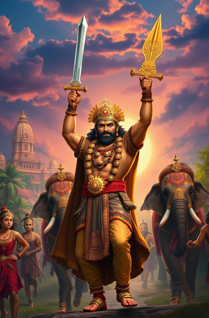 A powerful depiction of Lalitaditya, the victorious emperor, standing triumphantly with two swords raised high in each hand