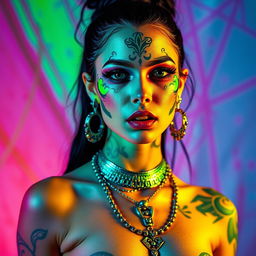 A striking portrait of a confident and bold female singer reminiscent of Billie Eilish, featuring her with artistic body paint and elaborate jewelry