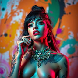 A striking portrait of a confident and bold female singer reminiscent of Billie Eilish, featuring her with artistic body paint and elaborate jewelry