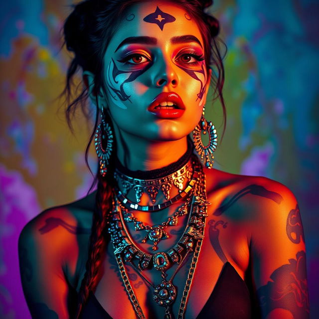 A striking portrait of a confident and bold female singer reminiscent of Billie Eilish, featuring her with artistic body paint and elaborate jewelry