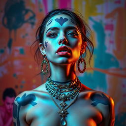 A striking portrait of a confident and bold female singer reminiscent of Billie Eilish, featuring her with artistic body paint and elaborate jewelry