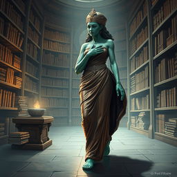 An exquisite illustration featuring Dranni, the stone figure known as The Grand Librarian, Earth Mother, Green Sleeves, and the First Teacher of Man