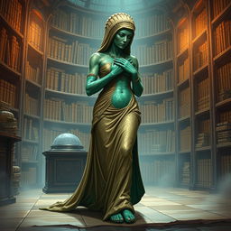 An exquisite illustration featuring Dranni, the stone figure known as The Grand Librarian, Earth Mother, Green Sleeves, and the First Teacher of Man