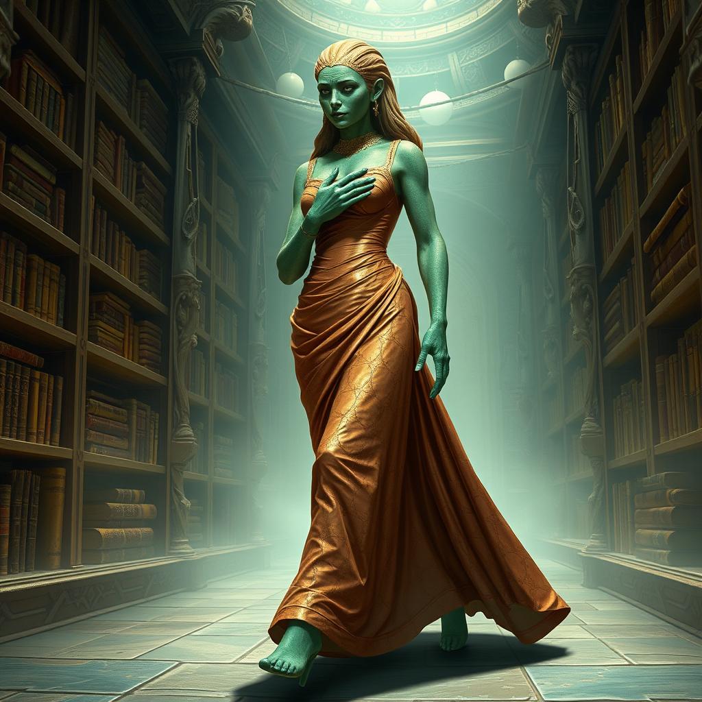 An exquisite illustration featuring Dranni, the stone figure known as The Grand Librarian, Earth Mother, Green Sleeves, and the First Teacher of Man