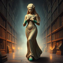 An exquisite illustration featuring Dranni, the stone figure known as The Grand Librarian, Earth Mother, Green Sleeves, and the First Teacher of Man