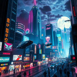 A stunning cyberpunk cityscape at night, featuring bright neon lights, towering futuristic skyscrapers, flying cars zipping through the air, and a bustling street filled with diverse characters