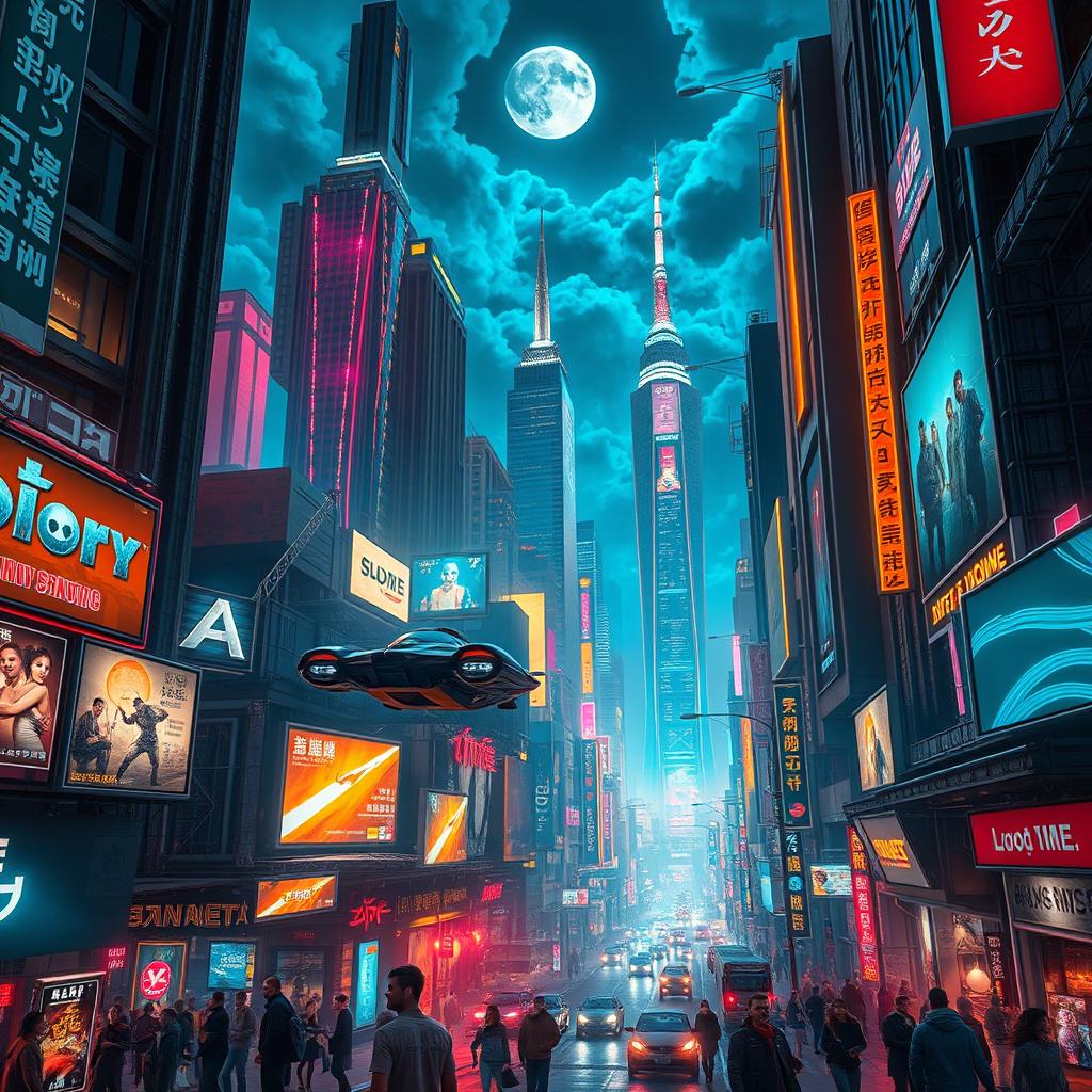 A stunning cyberpunk cityscape at night, featuring bright neon lights, towering futuristic skyscrapers, flying cars zipping through the air, and a bustling street filled with diverse characters