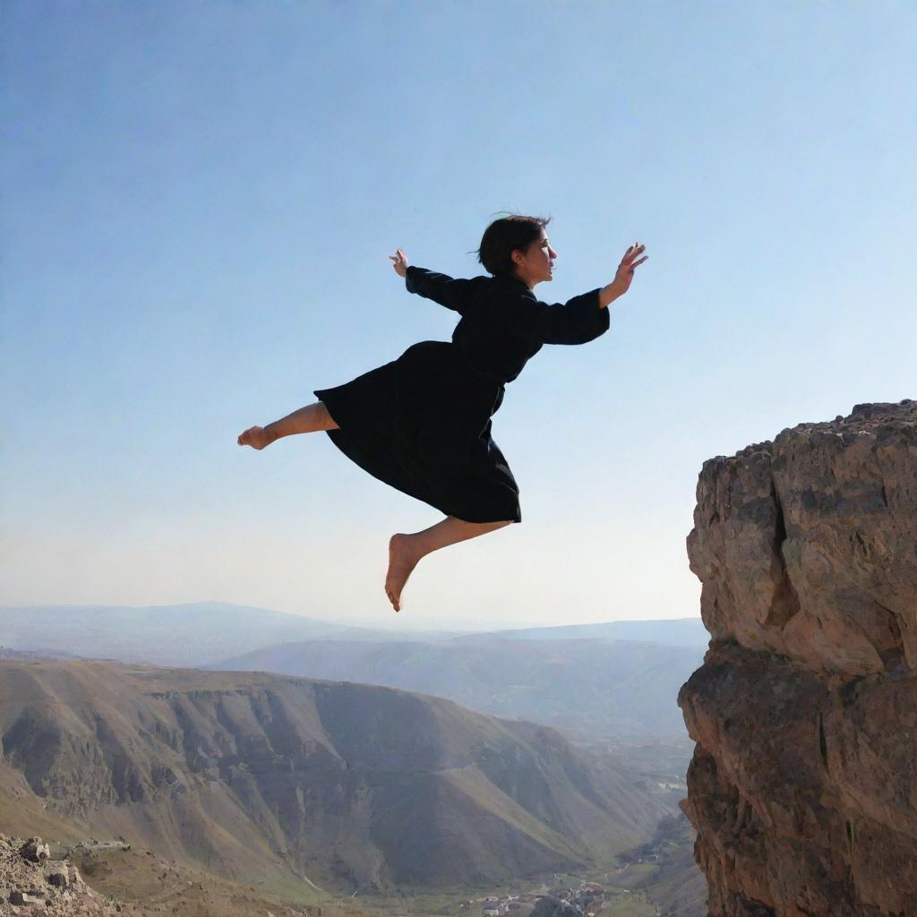 A daring scene showing a 16-year-old Armenian girl with short hair in traditional clothing, jumping off a cliff. Captured from behind, her silhouette is outlined against the stark landscape as she leaps fearlessly.