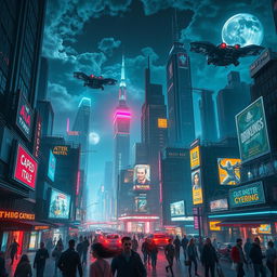 A stunning cyberpunk cityscape at night, featuring bright neon lights, towering futuristic skyscrapers, flying cars zipping through the air, and a bustling street filled with diverse characters