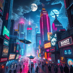 A stunning cyberpunk cityscape at night, featuring bright neon lights, towering futuristic skyscrapers, flying cars zipping through the air, and a bustling street filled with diverse characters