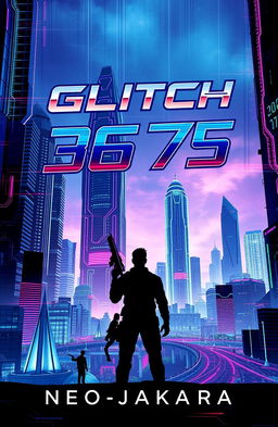 A futuristic book cover for 'Glitch 3675: Neo-Jakarta', showcasing a high-tech cityscape of Jakarta with towering skyscrapers and advanced technology