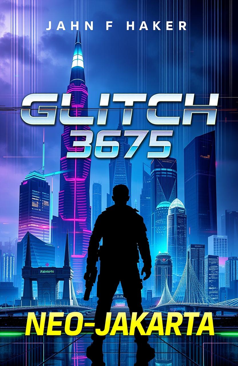 A futuristic book cover for 'Glitch 3675: Neo-Jakarta', showcasing a high-tech cityscape of Jakarta with towering skyscrapers and advanced technology