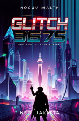 A futuristic book cover for 'Glitch 3675: Neo-Jakarta', showcasing a high-tech cityscape of Jakarta with towering skyscrapers and advanced technology