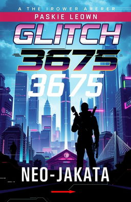 A futuristic book cover for 'Glitch 3675: Neo-Jakarta', showcasing a high-tech cityscape of Jakarta with towering skyscrapers and advanced technology