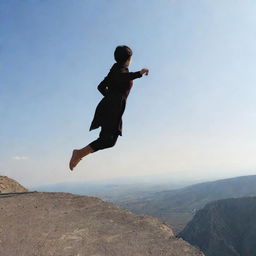 A daring scene showing a 16-year-old Armenian girl with short hair in traditional clothing, jumping off a cliff. Captured from behind, her silhouette is outlined against the stark landscape as she leaps fearlessly.