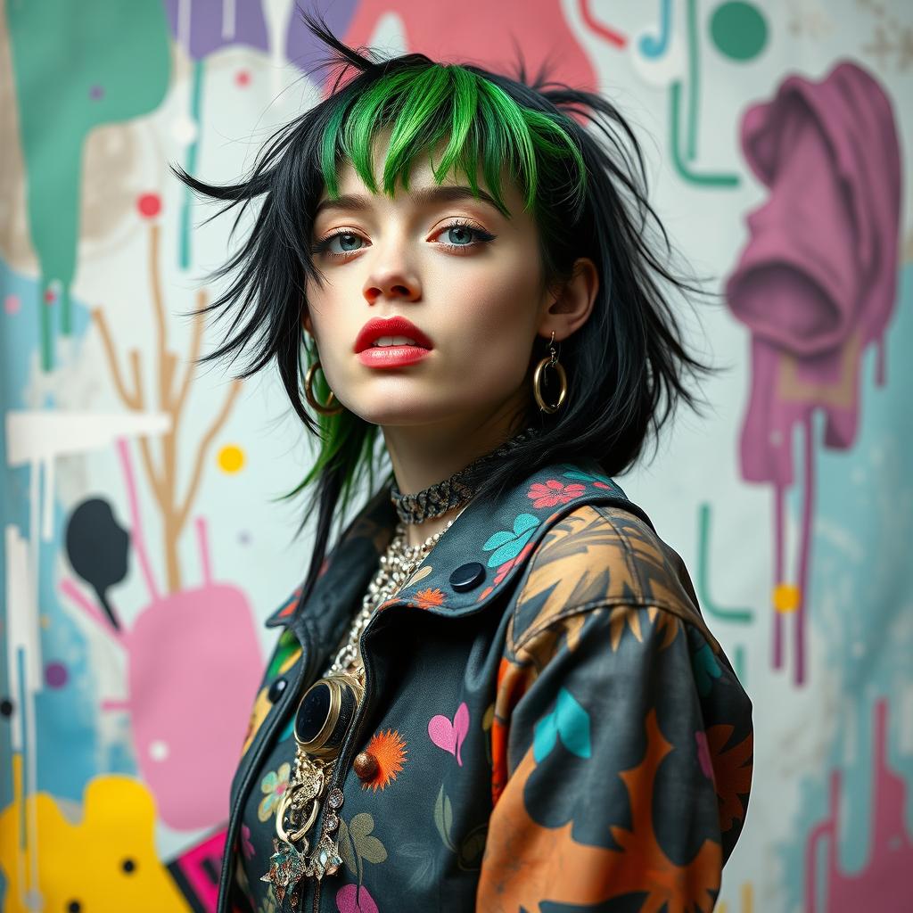 A vibrant and artistic representation of Billie Eilish with an edgy and stylish aesthetic, capturing her unique fashion sense with an emphasis on bold colors and textures