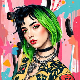 A vibrant and artistic representation of Billie Eilish with an edgy and stylish aesthetic, capturing her unique fashion sense with an emphasis on bold colors and textures