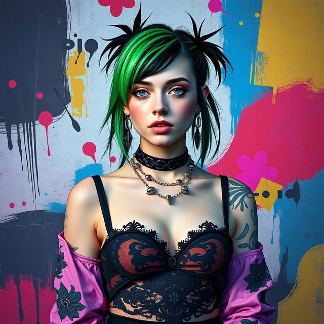 A vibrant and artistic representation of Billie Eilish with an edgy and stylish aesthetic, capturing her unique fashion sense with an emphasis on bold colors and textures