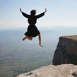 A daring scene showing a 16-year-old Armenian girl with short hair in traditional clothing, jumping off a cliff. Captured from behind, her silhouette is outlined against the stark landscape as she leaps fearlessly.