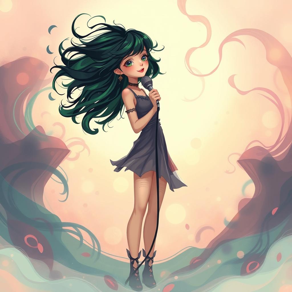 A stylized art interpretation of a young female singer with vibrant green and black hair, standing confidently in a dreamy atmosphere, surrounded by swirls of color and abstract patterns that evoke emotion