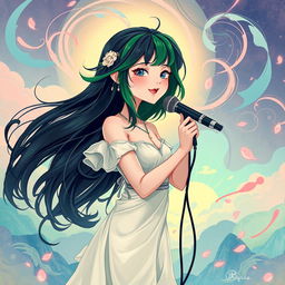 A stylized art interpretation of a young female singer with vibrant green and black hair, standing confidently in a dreamy atmosphere, surrounded by swirls of color and abstract patterns that evoke emotion