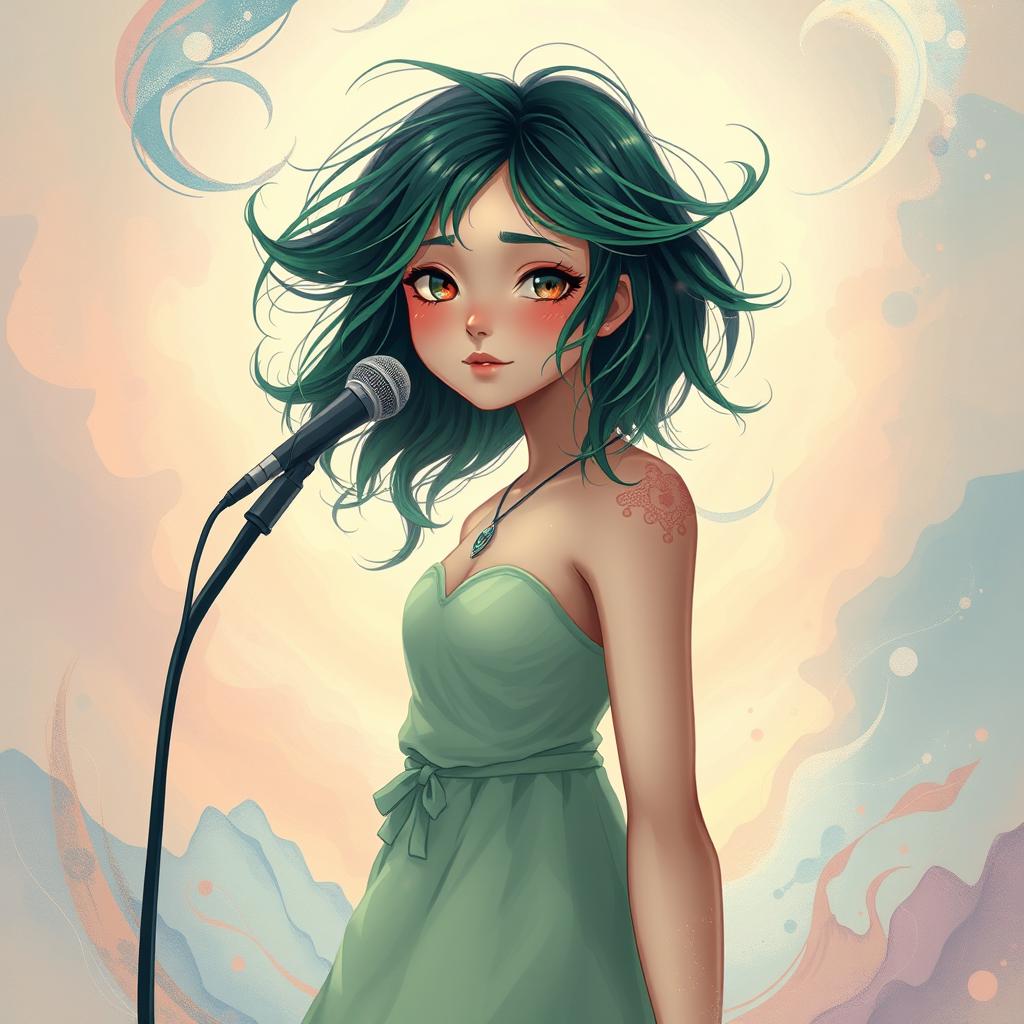 A stylized art interpretation of a young female singer with vibrant green and black hair, standing confidently in a dreamy atmosphere, surrounded by swirls of color and abstract patterns that evoke emotion