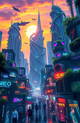 A futuristic cityscape depicting 'Neo Jakarta', filled with neon lights and holograms, characterized by intertwining skyscrapers with lush greenery visually integrated throughout