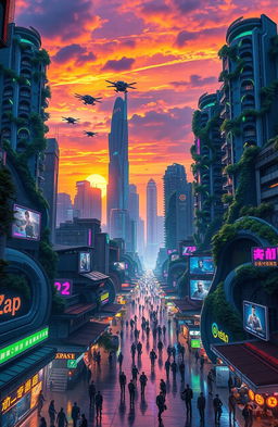 A futuristic cityscape depicting 'Neo Jakarta', filled with neon lights and holograms, characterized by intertwining skyscrapers with lush greenery visually integrated throughout