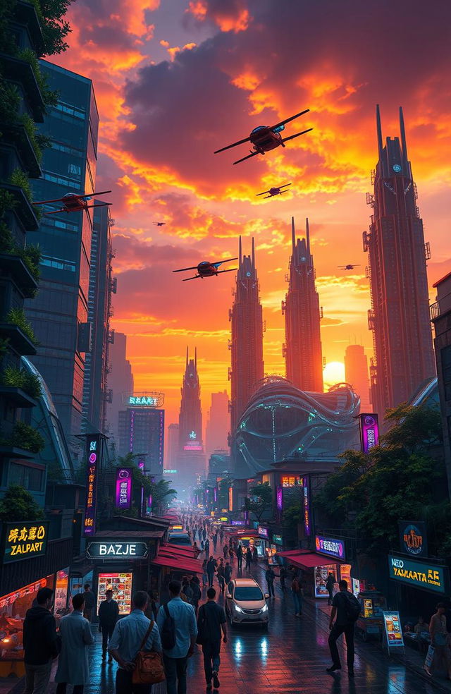 A futuristic cityscape depicting 'Neo Jakarta', filled with neon lights and holograms, characterized by intertwining skyscrapers with lush greenery visually integrated throughout