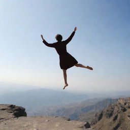 A daring scene showing a 16-year-old Armenian girl with short hair in traditional clothing, jumping off a cliff. Captured from behind, her silhouette is outlined against the stark landscape as she leaps fearlessly.