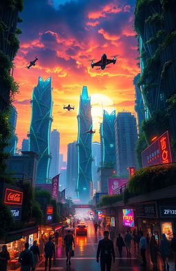 A futuristic cityscape depicting 'Neo Jakarta', filled with neon lights and holograms, characterized by intertwining skyscrapers with lush greenery visually integrated throughout