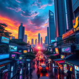 A futuristic cityscape of 'Neo Jakarta', showcasing a vibrant and bustling atmosphere filled with neon lights and towering skyscrapers