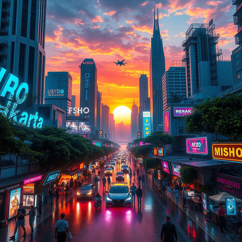 A futuristic cityscape of 'Neo Jakarta', showcasing a vibrant and bustling atmosphere filled with neon lights and towering skyscrapers