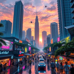 A futuristic cityscape of 'Neo Jakarta', showcasing a vibrant and bustling atmosphere filled with neon lights and towering skyscrapers