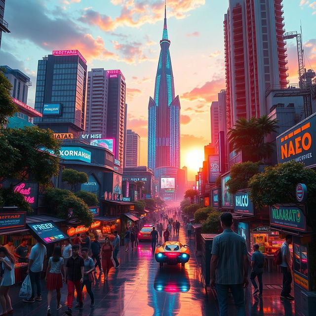 A futuristic cityscape of 'Neo Jakarta', showcasing a vibrant and bustling atmosphere filled with neon lights and towering skyscrapers