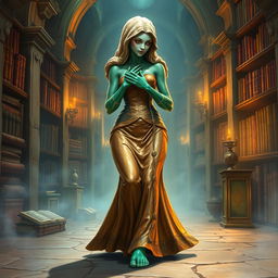 An enchanting fantasy illustration featuring Dranni, a stone figure known as The Grand Librarian, Earth Mother, Green Sleeves, and the First Teacher of Man